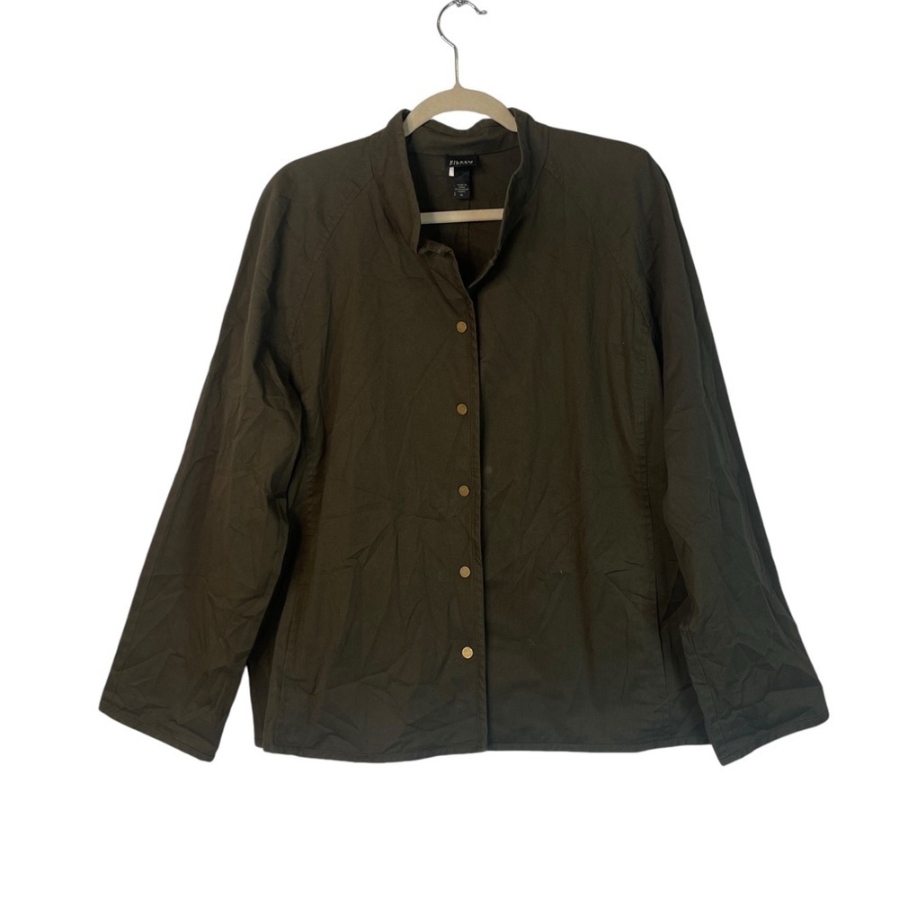 Eileen Fisher Green Jacket Size Large Cotton Blend Sleeve Snap Closure Oversized